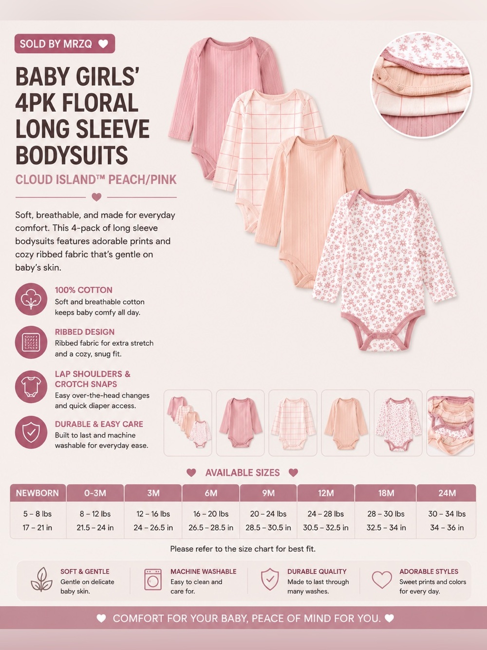 cloud island Baby Girls 4-Pack Long Sleeve Bodysuits — Peach & Pink